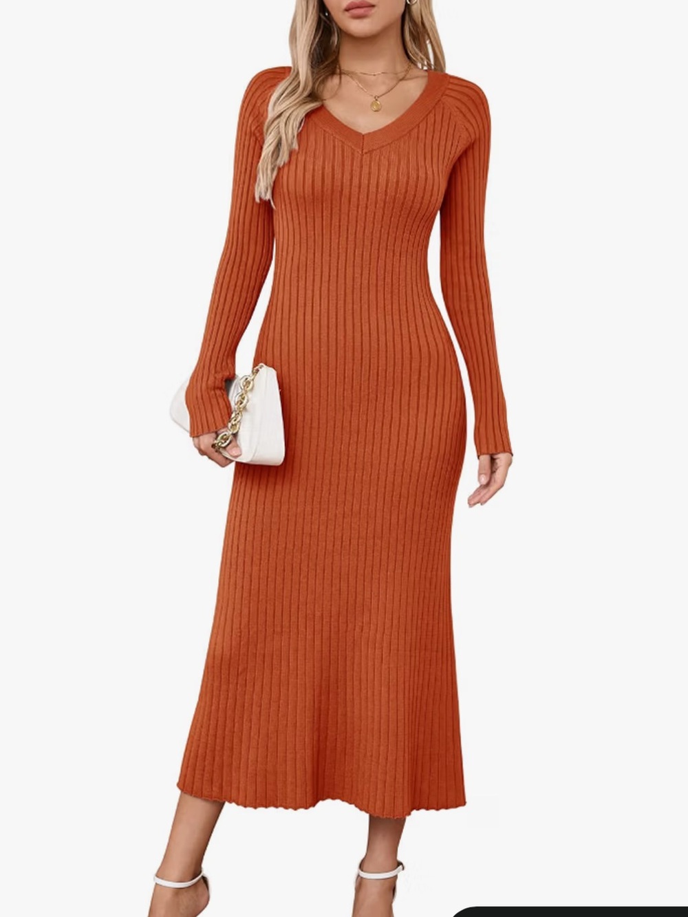 ARACH&CLOZ Rust Orange Ribbed V-Neck Bodycon Sweater Midi Dress Size M NWT